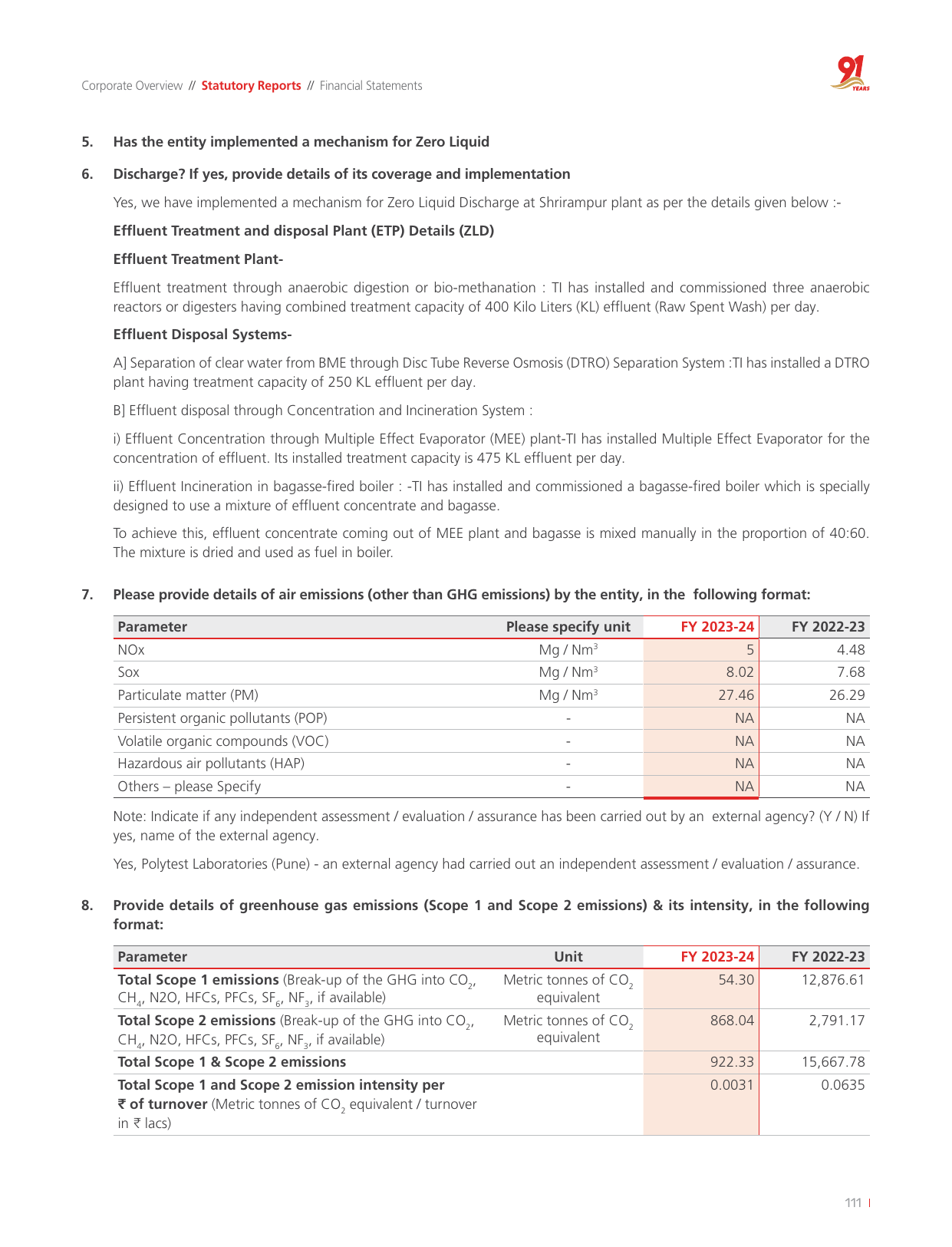 Emissions data extracted from page 113
